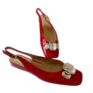 Stuart Weitzman‎ Bigjulie Red Patent Crystal Square Toe Slingback Flats 10B